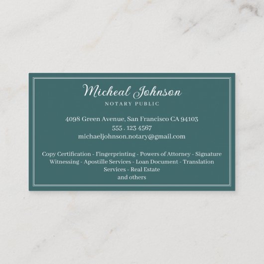 professionele Blauwgroen notarisdiensten op maat Visitekaartje (Achterkant)