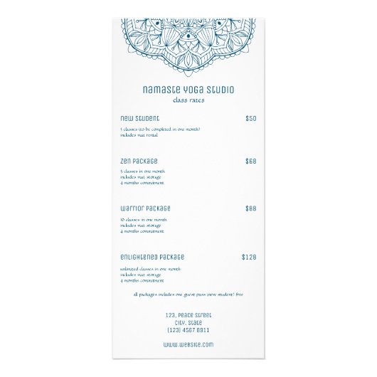 Professionele Blauwgroen Yoga Class Tarieven Aange Reclamekaart (Voorkant)