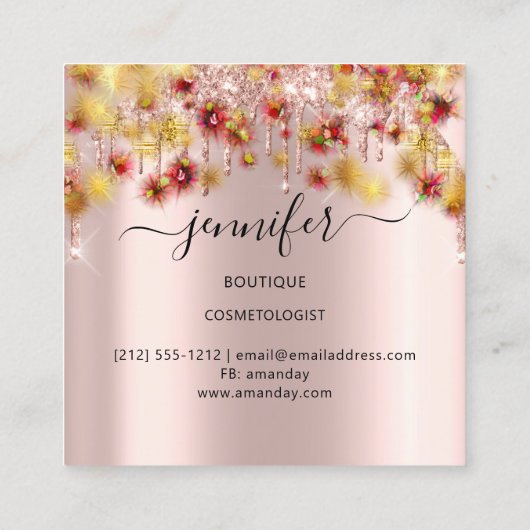 Professionele boetiekshop Roos Confetti Drip Gold Vierkante Visitekaartje (Achterkant)