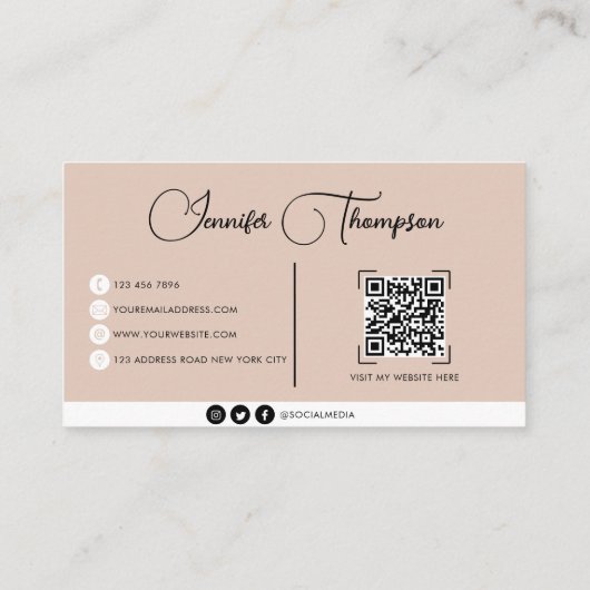Professionele Boho Beige Script QR Code Business Visitekaartje (Achterkant)