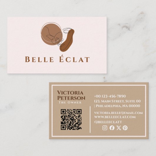 Professionele Boho Lineart Beige White QR-code Visitekaartje (Voorkant / Achterkant)