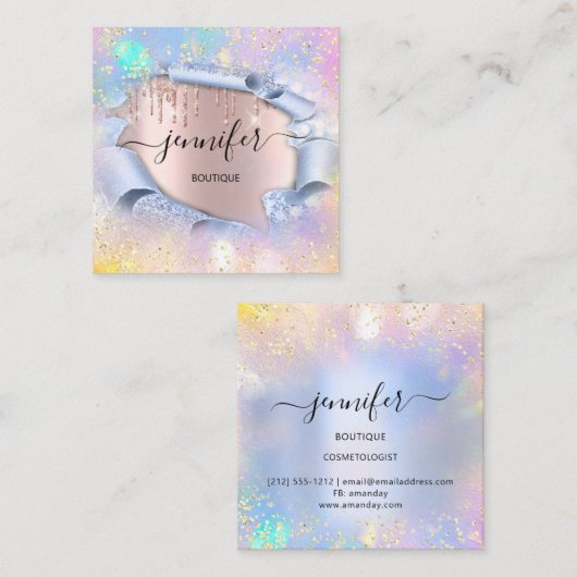 Professionele Boutique Winkel Blue GlitterHoloGrap Vierkante Visitekaartje (Voorkant / Achterkant)