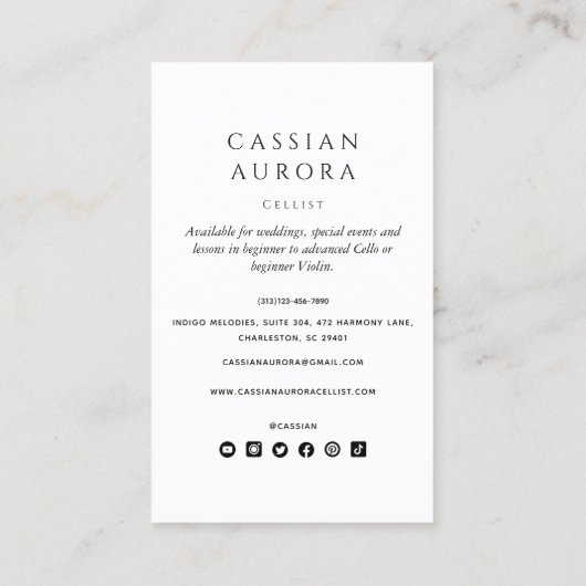 Professionele cellist en muziekleraar visitekaartje (Achterkant)