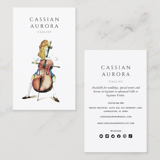Professionele cellist en muziekleraar visitekaartje (Voorkant / Achterkant)