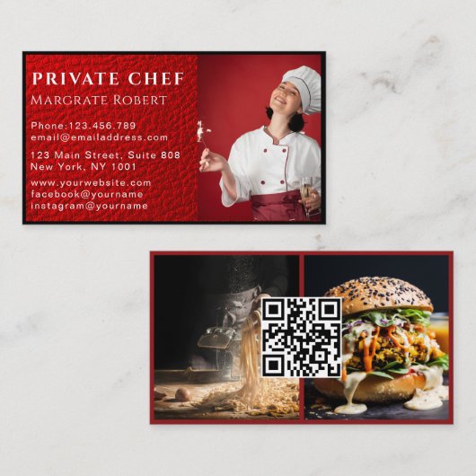 Professionele Chef Sociale Media QR Code Rood Foto Visitekaartje (Voorkant / Achterkant)