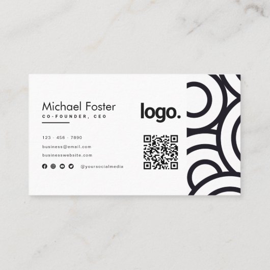 Professionele Cirkel Zwart Wit Minimalistische QR- Visitekaartje (Achterkant)