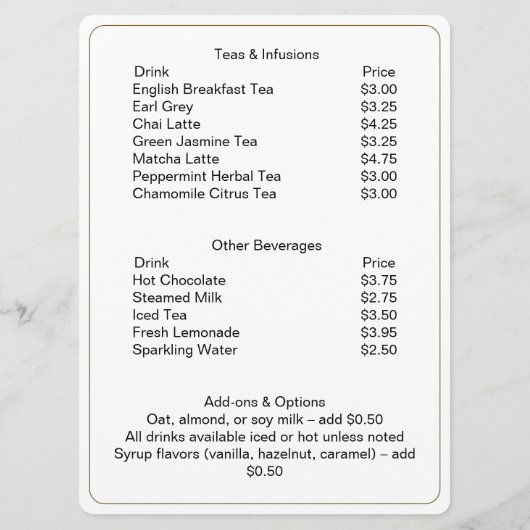 Professionele coffeeshop Gepersonaliseerde Drinken Menu (Achterkant)