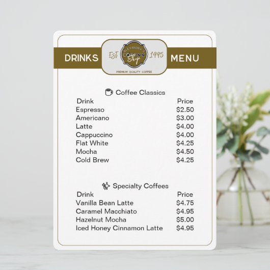 Professionele coffeeshop Gepersonaliseerde Drinken Menu (Staand voorkant)