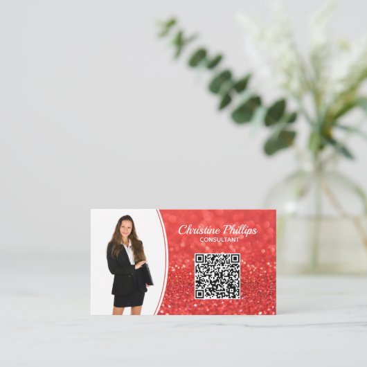 Professionele Coral Faux Glitter Aangepaste Foto Q Visitekaartje (Staand voorkant)