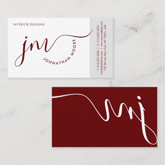 Professionele Curvature Burgundy Script Monogram Visitekaartje (Voorkant / Achterkant)