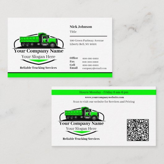 Professionele Dump Truck Hauling Company QR-code Visitekaartje (Voorkant / Achterkant)