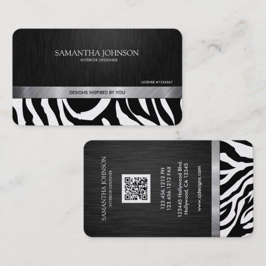 Professionele elegante zwarte en zilverzebrastripe visitekaartje (Voorkant / Achterkant)