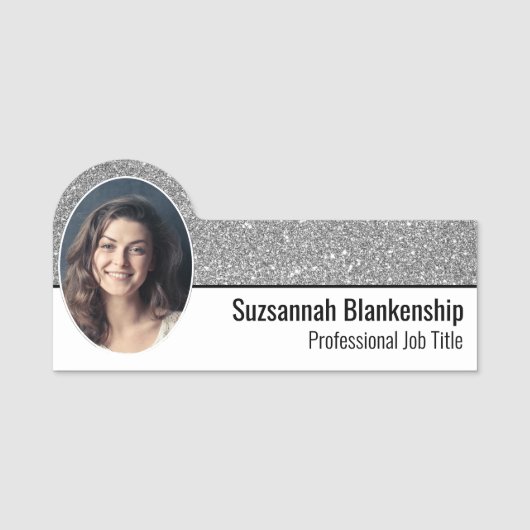 Professionele Faux Silver Glitter Custom Photo Naamplaatje (Voorkant)
