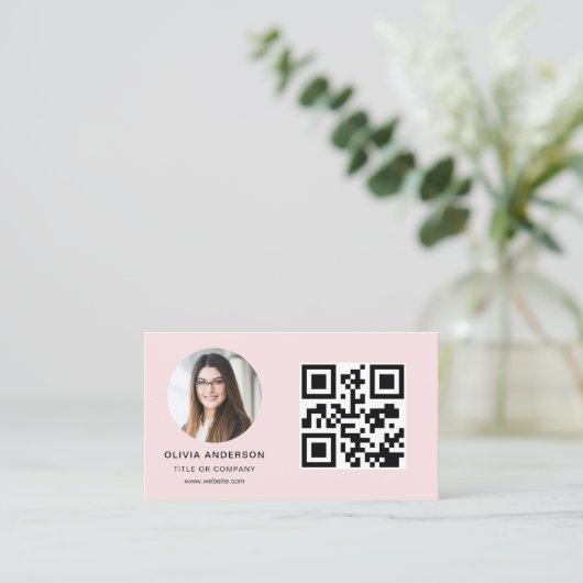 Professionele Foto Blush Roze QR Code Social Media Visitekaartje (Staand voorkant)