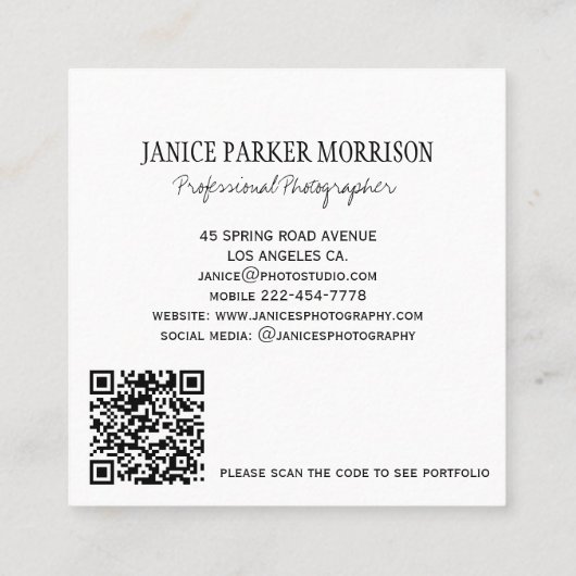 Professionele fotograaf QR code zwart-wit Vierkante Visitekaartje (Achterkant)