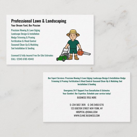 Professionele gazonverzorging en landschapsdienst visitekaartje (Voorkant / Achterkant)