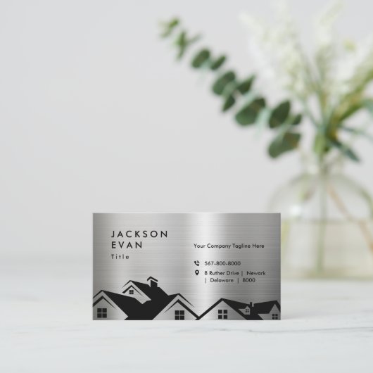 Professionele glanzende zilveren dakconstructie visitekaartje (Staand voorkant)