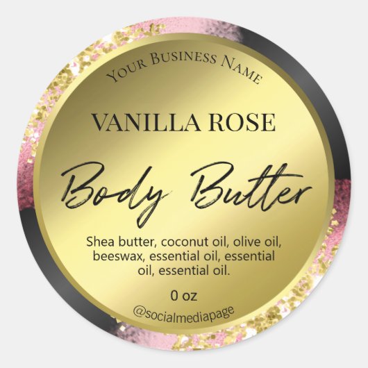 Professionele Glitter Roze Gouden Body Butter Labe Ronde Sticker (Voorkant)