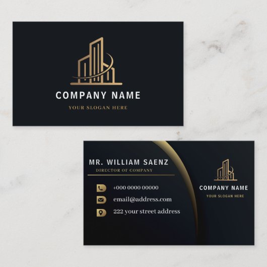 Professionele Gouden Vastgoedmakelaar Logo Visitekaartje (Voorkant / Achterkant)