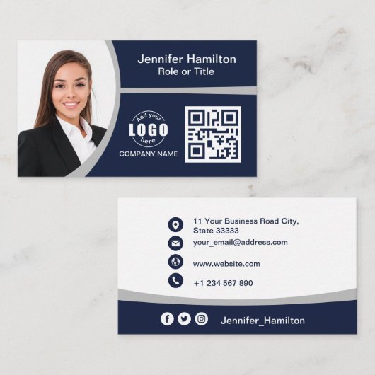 Professionele grijs voeg uw Logo QR-codefoto toe Visitekaartje (Voorkant / Achterkant)