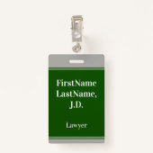 Professionele, groene, aangepaste advocatennaamkaa badge (Achterkant met clip)