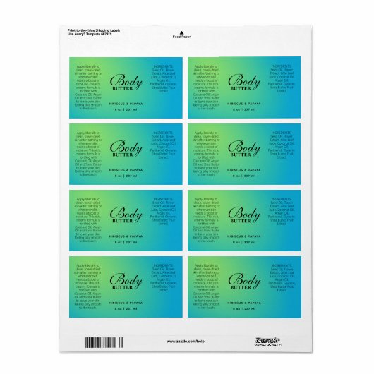 Professionele groene blauw-lichaampotterlabels etiket (Full Sheet)