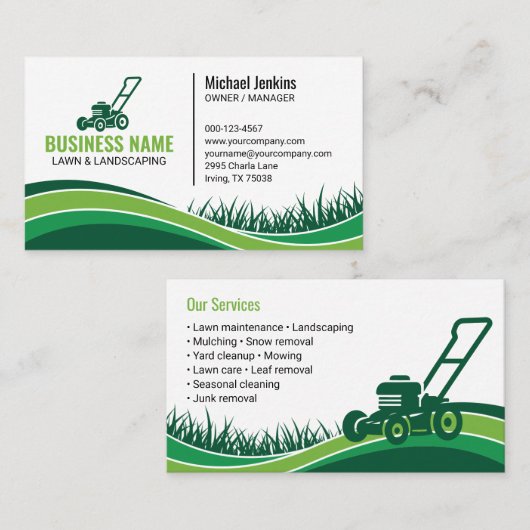 Professionele groene gazonverzorging Landscaping M Visitekaartje (Voorkant / Achterkant)