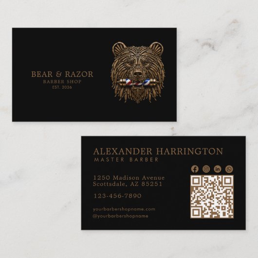 Professionele herenkapper bronzen beer QR-code Visitekaartje (Voorkant / Achterkant)