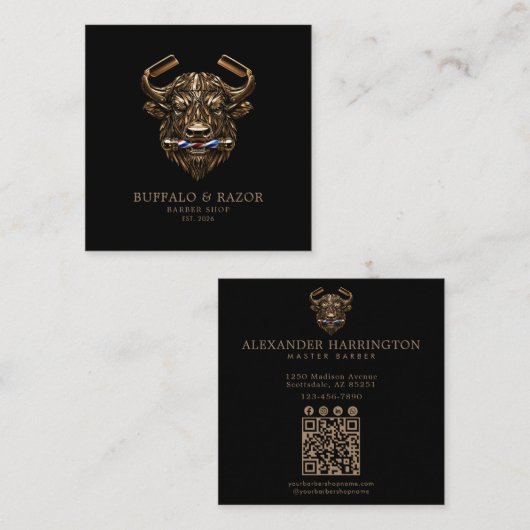 Professionele herenkapper bronzen buffel QR-code Vierkante Visitekaartje (Voorkant / Achterkant)