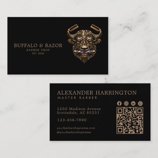 Professionele herenkapper bronzen buffel QR-code Visitekaartje (Voorkant / Achterkant)