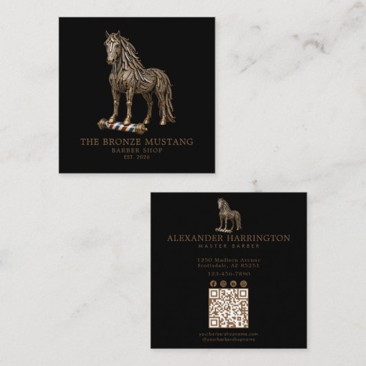 Professionele herenkapper bronzen Mustang QR-code Vierkante Visitekaartje (Voorkant / Achterkant)