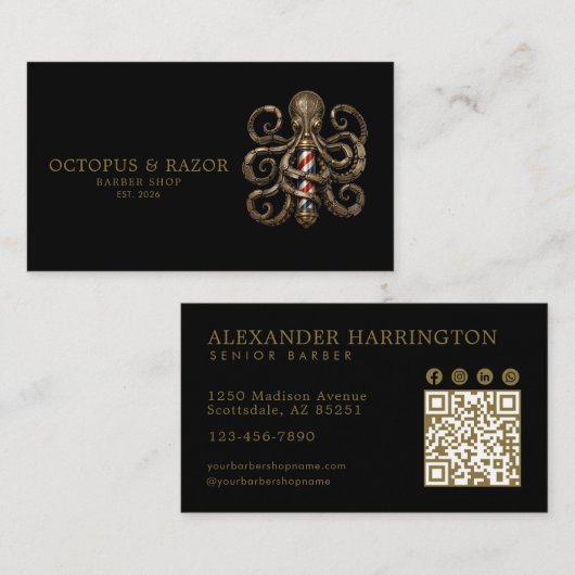 Professionele herenkapper bronzen octopus QR-code Visitekaartje (Voorkant / Achterkant)