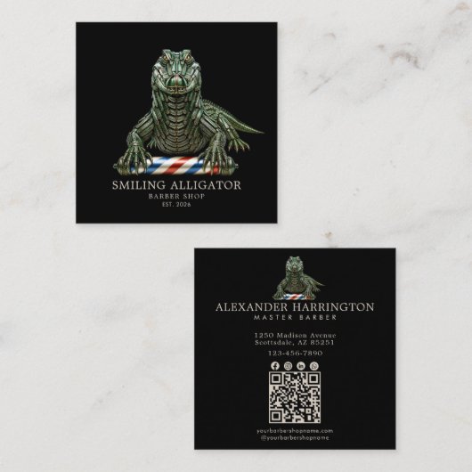 Professionele herenkapper Emerald AlligatorQr Code Vierkante Visitekaartje (Voorkant / Achterkant)