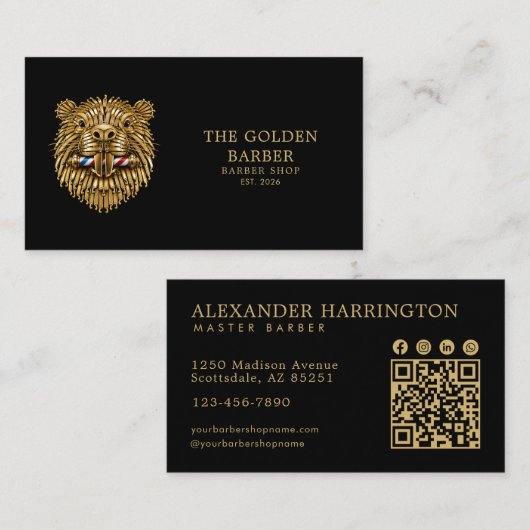 Professionele herenkapper gouden bever QR-code Visitekaartje (Voorkant / Achterkant)