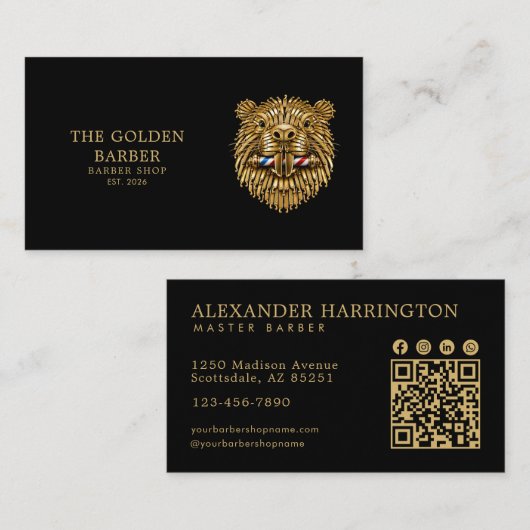 Professionele herenkapper gouden bever QR-code Visitekaartje (Voorkant / Achterkant)