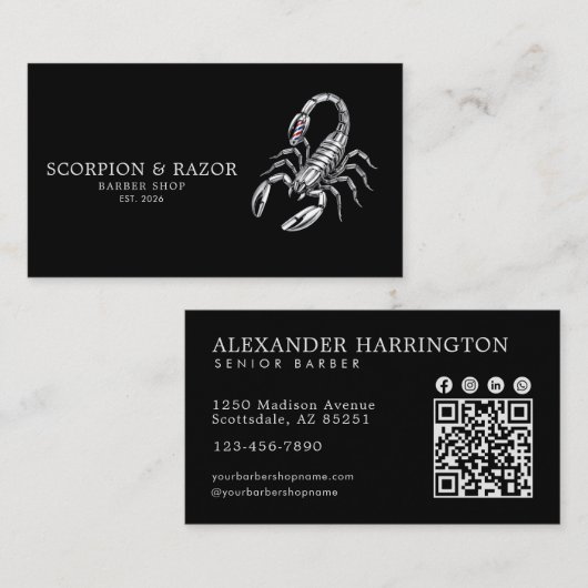 Professionele herenkapper zilver Schorpioen Qr Cod Visitekaartje (Voorkant / Achterkant)