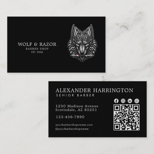 Professionele herenkapper zilveren wolf QR-code Visitekaartje (Voorkant / Achterkant)