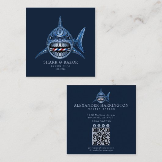 Professionele Kapperzaak Stalen Haai Qr Code Vierkante Visitekaartje (Voorkant / Achterkant)
