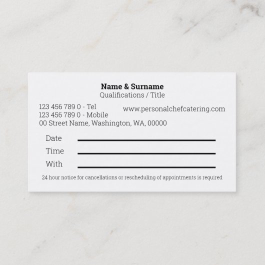 Professionele keukenlessen voor chef-kok-voedselfo visitekaartje (Achterkant)