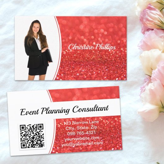 Professionele Koraal Glitter Custom Foto QR Visitekaartje