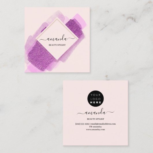 Professionele Lijst Beauty Make-up Logo Paarse Roz Vierkante Visitekaartje (Voorkant / Achterkant)