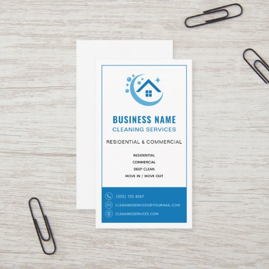 Professionele Logo Blauwe Schoonmaakdiensten Visitekaartje (Voorkant / Achterkant in situ)