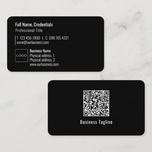 Professionele Logo QR Code Modern Minimaal Zwart Visitekaartje (Voorkant / Achterkant)