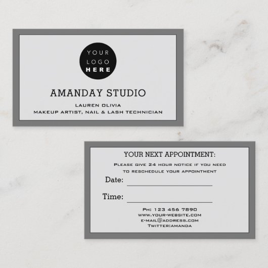 Professionele Make-up Afspraak Kaart Logo Grijs Visitekaartje (Voorkant / Achterkant)