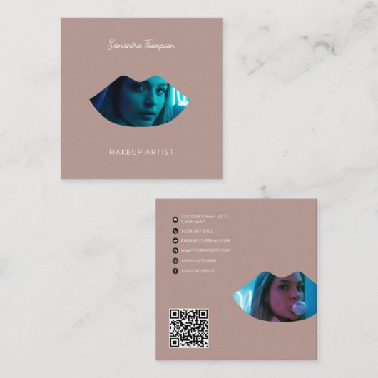 Professionele make-up artiest 2 foto lippen roze vierkante visitekaartje (Voorkant / Achterkant)