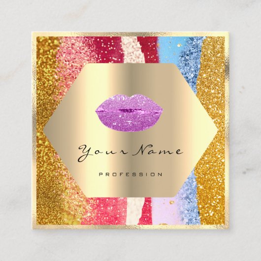 Professionele make-up gouden glitter roze lippen k vierkante visitekaartje (Voorkant)