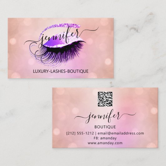 Professionele Make-up Lash QR Code Roze Logo Paars Visitekaartje (Voorkant / Achterkant)