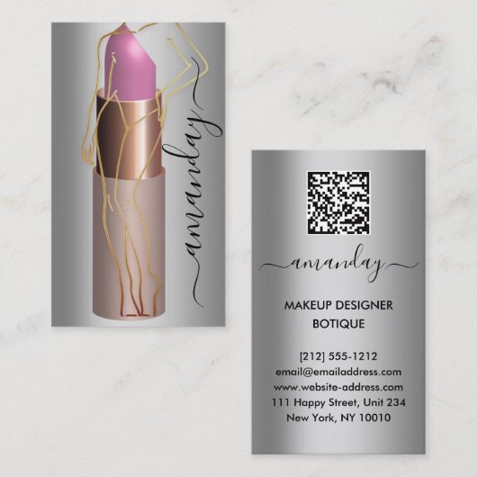 Professionele make-up Lipstick QR-code grijs Visitekaartje (Voorkant / Achterkant)