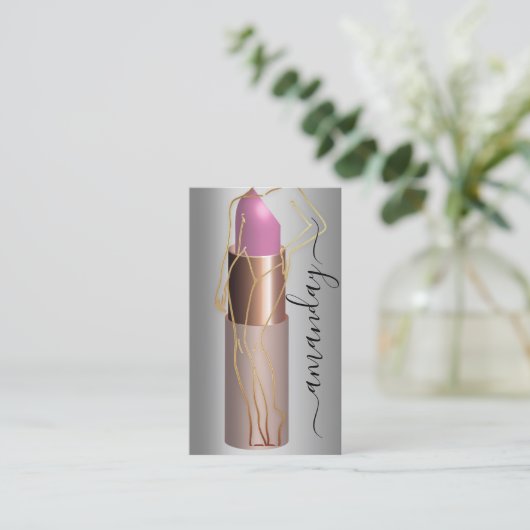 Professionele make-up Lipstick QR-code grijs Visitekaartje (Staand voorkant)