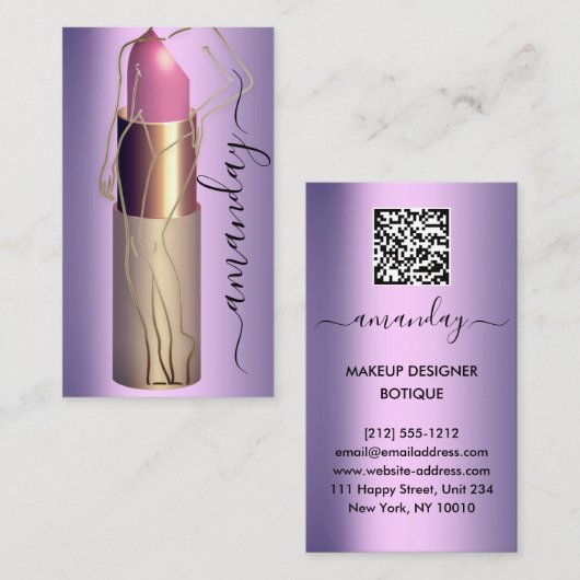 Professionele make-up Lipstick QR-code Paars Visitekaartje (Voorkant / Achterkant)